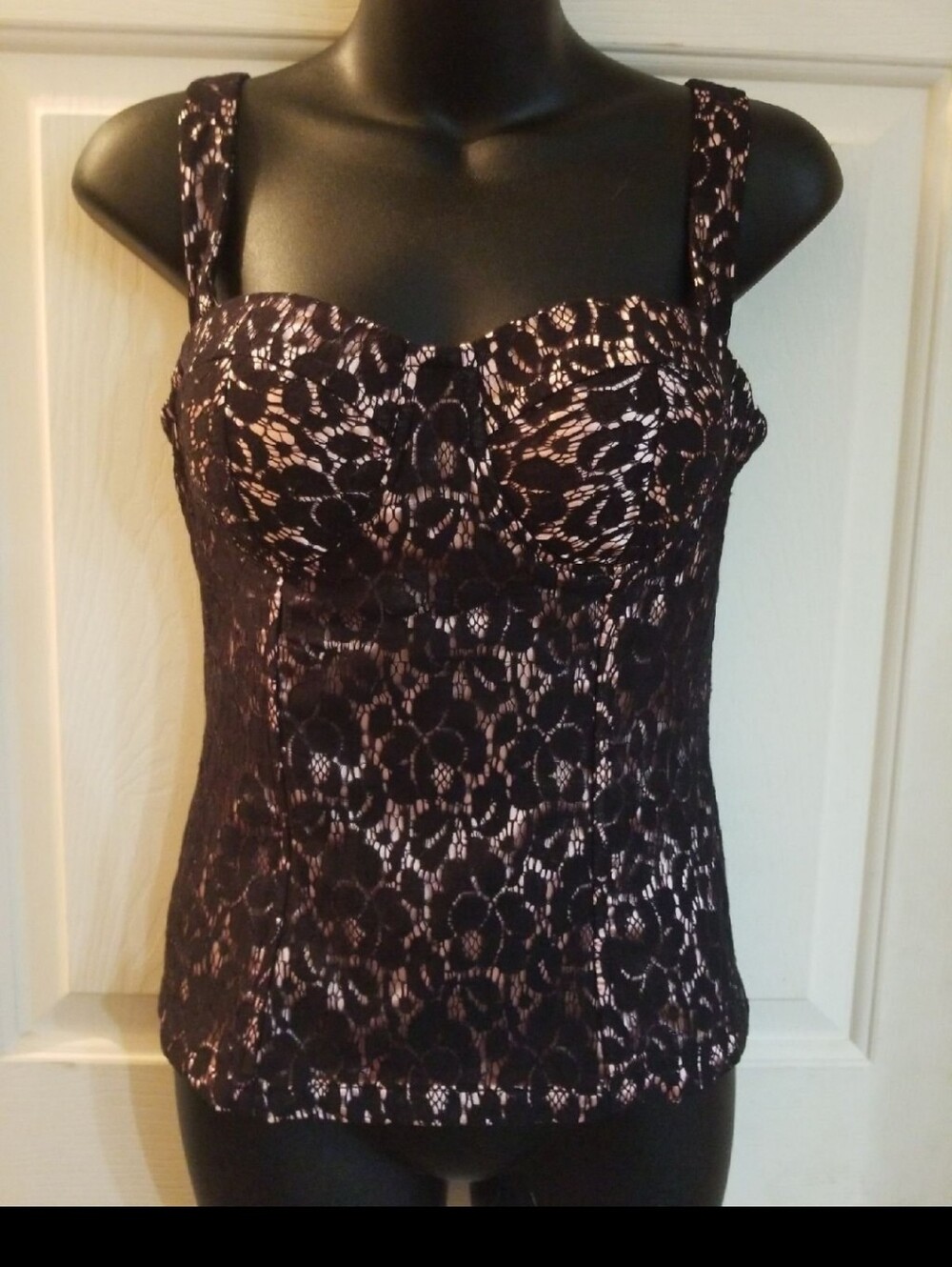 Charlotte Russe Black Lace Overlay Tank with Blush Lining